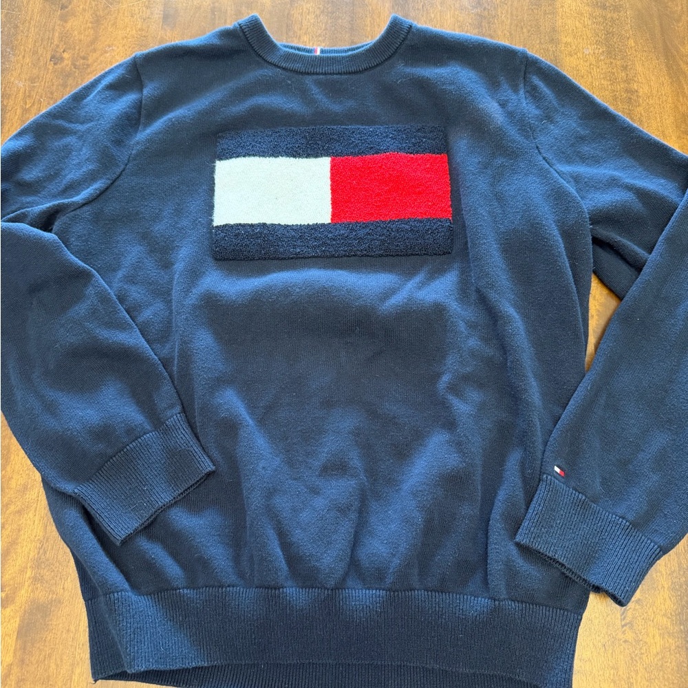 Vintage Tommy Hilfiger Chenille Flag Sweater Y2K 90s Preppy Large